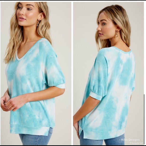 Teal Tie-Dye French Terry kangaroo pocket top - Picture 7 of 8